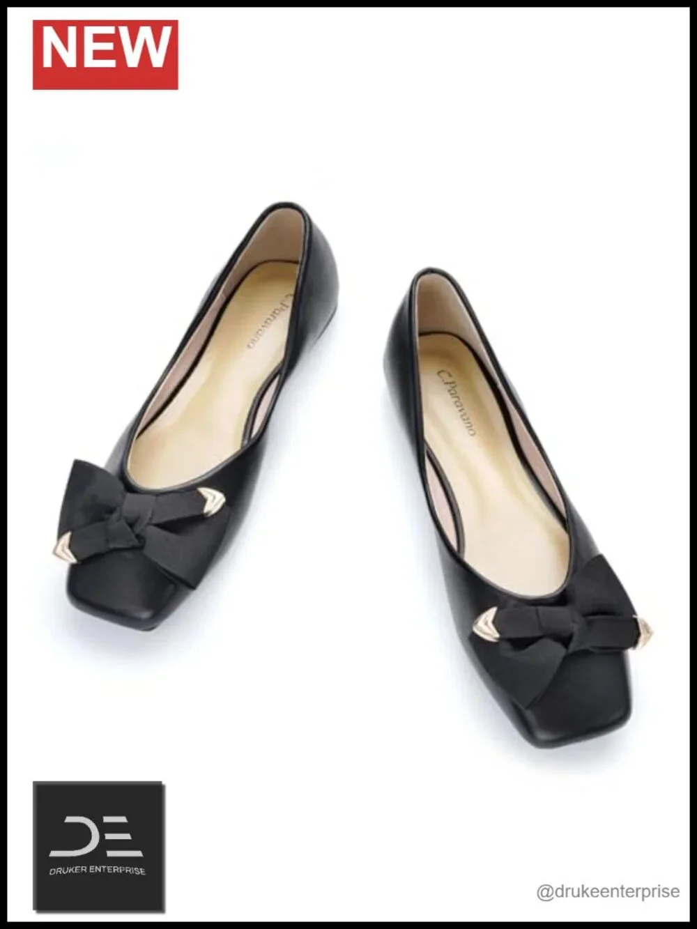 Women's Square Toe Ballet Flats with Bow - Lambskin Leather Lining, Memory Foam